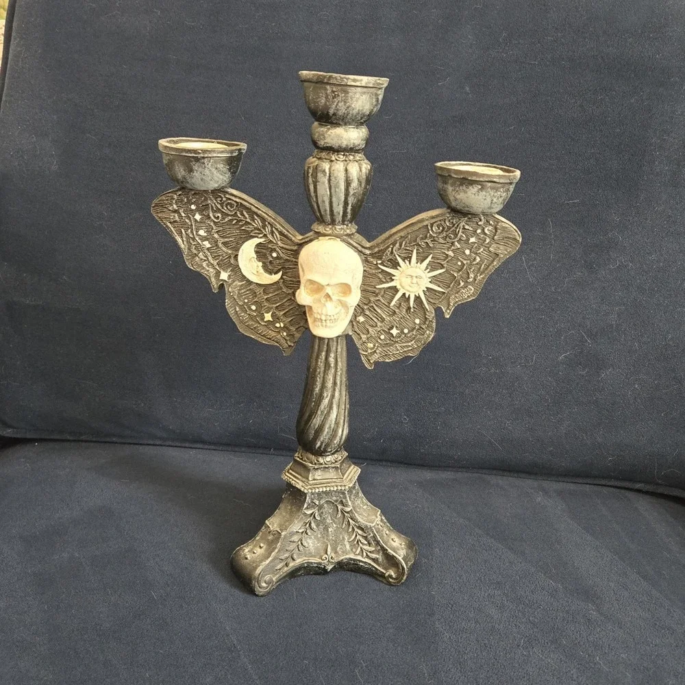 Gothic Skull Moth Candelabra Resin Candle Holder Black Celestial Halloween Decor